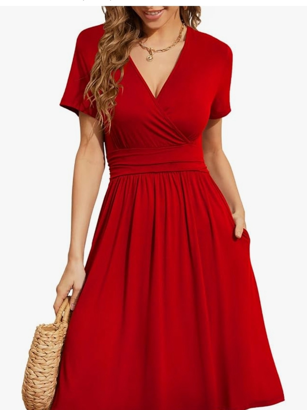Red V-Neck Wrap Midi Dress - Women